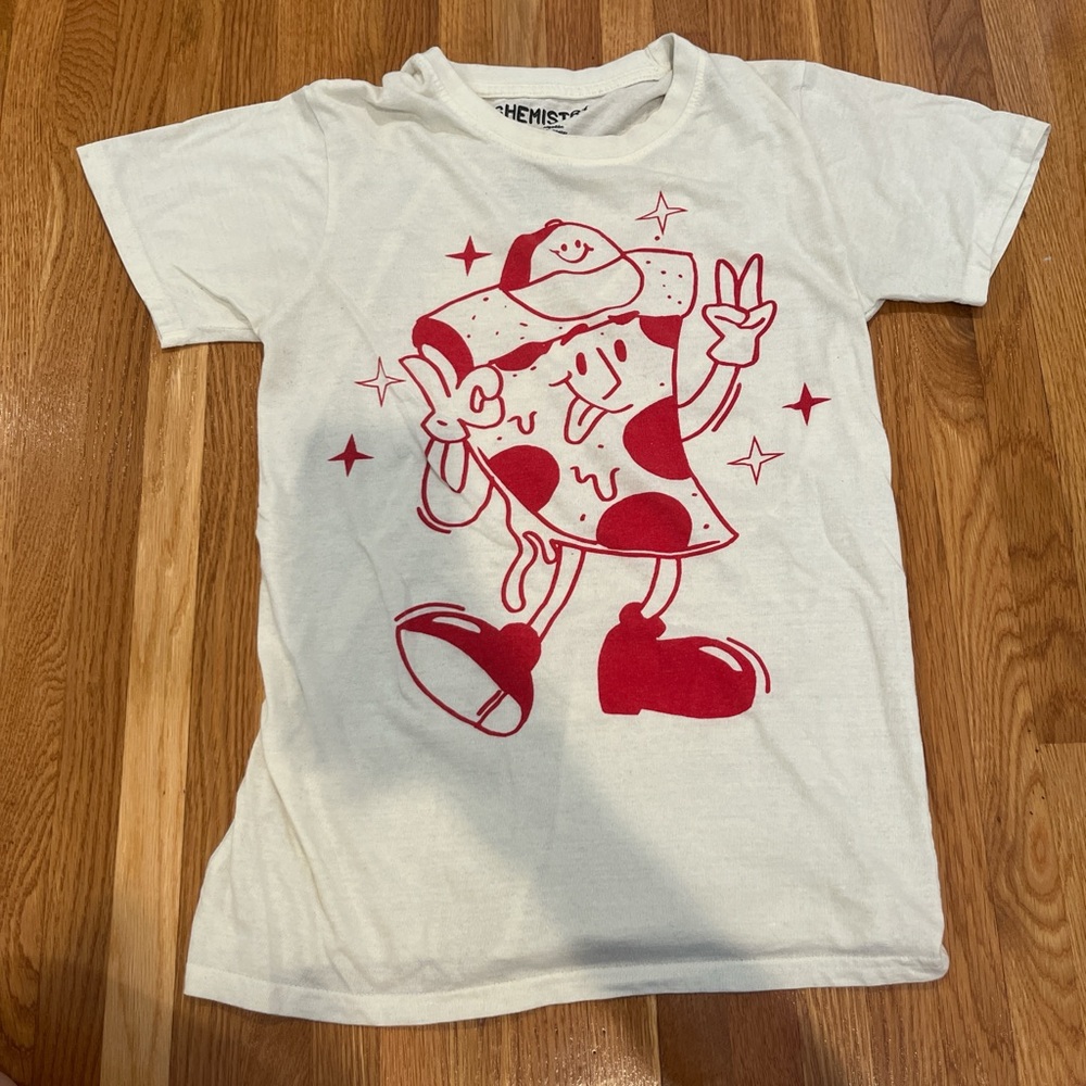 Chemistry Kids Cream Tee with Red Pizza Graphic